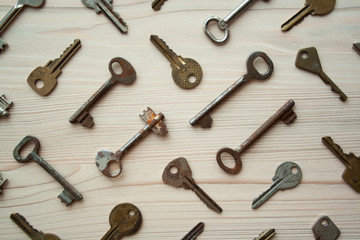 Top view of many old rusty keys background. Many keys Access, security, enter, choice, solutions of problems concept, symbol