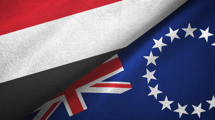 Fototapeta na wymiar Yemen and Cook Islands two flags textile cloth, fabric texture