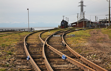 Fototapeta na wymiar Old locomotive at railway station in Port-Baikal settlement. Irkutsk oblast. Russian