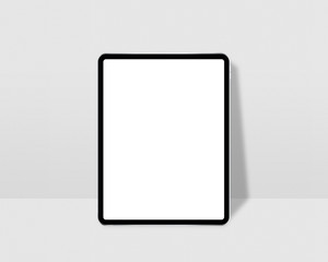 Modern tablet with blank white screen. Tablet mockup on minimal background. Modern tablet display mockup scene. Mockup scene. Photo mockup with clipping path.