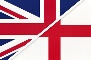 United Kingdom of Great Britain vs England national flag from textile. Relationship between two european countries.