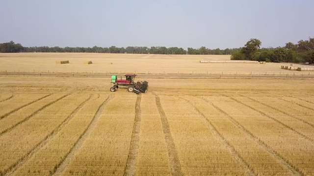 Drone shot following alongside windrower