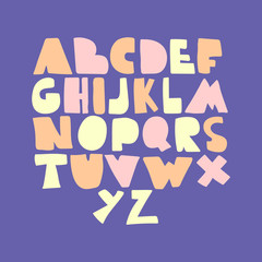 Alphabet hand drawn letters font in folk nordic style. Bold capital letters in kids pastel colors. ABC nurcery childish font on blue background. Yellow, pink, orange
