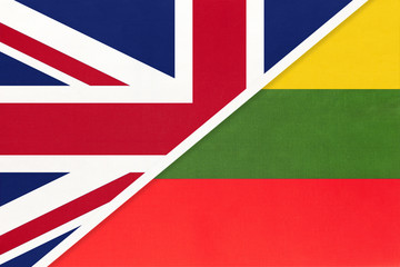 United Kingdom vs Lithuania national flag from textile. Relationship between two european countries.