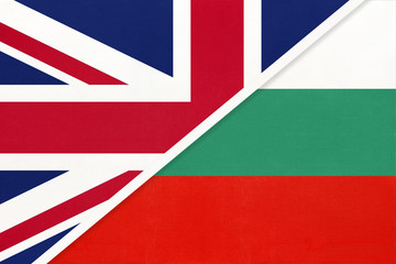 United Kingdom vs Bulgaria national flag from textile. Relationship between two european countries.