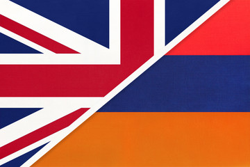 United Kingdom vs Armenia national flag from textile. Relationship between two european countries.