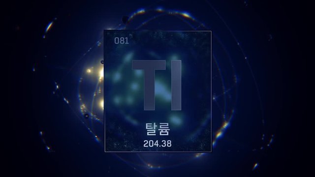 Thallium as Element 81 of the Periodic Table. Seamlessly looping 3D animation on blue illuminated atom design background orbiting electrons name, atomic weight element number in Korean language