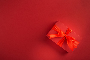 Valentines day mothers day Red gift box on red background top view