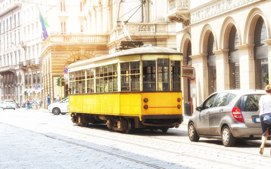 Vintage tram in the streets of Milan, Italy