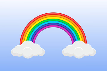 Rainbow with clouds on blue background. Vector illustration.