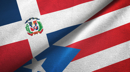 Dominican Republic and Puerto Rico two flags textile cloth, fabric texture - obrazy, fototapety, plakaty