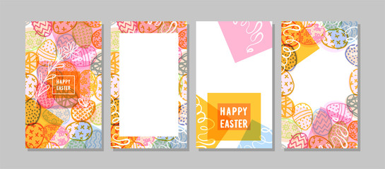 Fototapeta na wymiar Set of beautiful vertical easter patterns for social networks. Colorful easter cards with eggs and place for text. Vector illustration