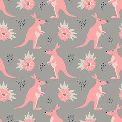 Fototapeta na wymiar Seamless vector pattern. Cute Kangaroo or Wallaby, flowers and doodle elements. Hand drawn background.