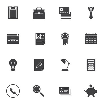 Business vector icons set, modern solid symbol collection, filled style pictogram pack. Signs, logo illustration. Set includes icons as briefcase, CV resume document, calendar, calculator, piggy bank