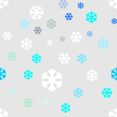 Blue and white snowflakes symbol vector repeat pattern on grey background.