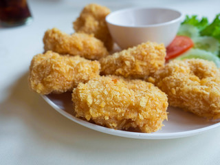 Fried Shrimp Cake,On plate color white background color White,Thai Food In restaurant Thailand
