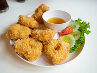 Fried Shrimp Cake,On plate color white background color White,Thai Food In restaurant Thailand