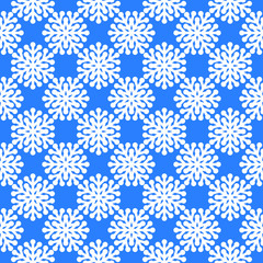 White snowflakes icon vector repeat pattern on blue background.