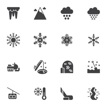 Winter season vector icons set, modern solid symbol collection, filled style pictogram pack. Signs, logo illustration. Set includes icons as icicle, snowflake, snowy cloud, winter sport, thermometer