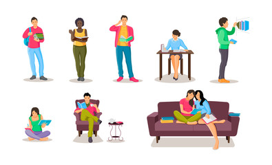 People reading in bookshop, library set vector