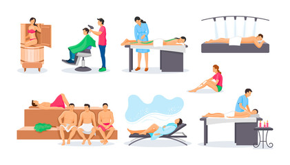 Wellness spa procedures set. Treatments, skin care therapy, treatments, procedures massage, wax depilation, relaxing shower, sauna spa wellness water, men's haircut. Healthy lifestyle vector concept