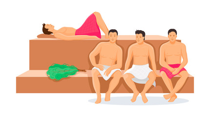 Men in a steam room, with towels brooms. Group people men together relaxing in the wood sauna. Sauna spa wellness water procedure cartoon vector illustration. Healthy lifestyle concept