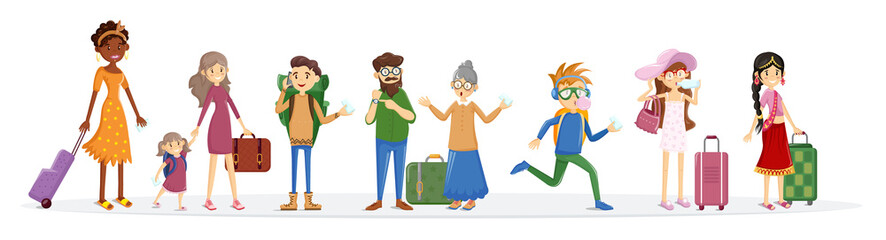 Travelers group with luggage late for airplane vector