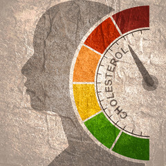 Cholesterol meter read high level result. Color scale with arrow from red to green. The measuring device icon. Colorful infographic gauge element. Head of man silhouette.