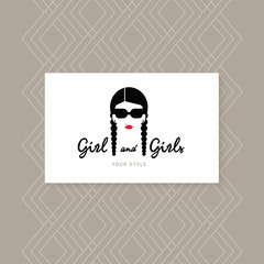 The logo of a womens store or salon with an illustration of a girl in glasses and with red lips.
