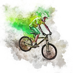 Naklejka na ściany i meble Flying cyclist in a helmet on a downhill bike. Watercolor and pencil color illustration on a white background.
