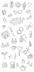 Girl's Stuff Doodle Hand Drawn Clip Art. Funny Big Set of Girly Things. Make up, Bag, Purse, Perfume, Kiss, Flowers, Glasses. Black and White Lineart Stickers. Coloring Page