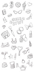 Girl's Stuff Doodle Hand Drawn Clip Art. Funny Big Set of Girly Things. Make up, Bag, Purse, Perfume, Kiss, Flowers, Glasses. Black and White Lineart Stickers. Coloring Page