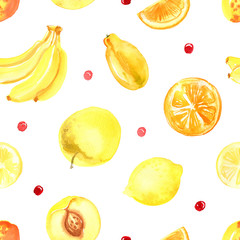 Pattern of fruit painted with watercolor on a white background. Orange, mandarin, pomegranate, berries, pear, plum, banana. A colored sketch of fruits.