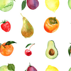 Pattern of fruit painted with watercolor on a white background. Orange, mandarin, pomegranate, berries, pear, plum, banana. A colored sketch of fruits.