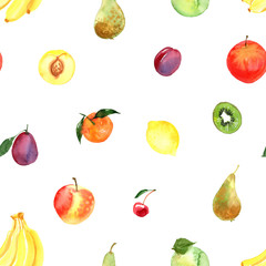 Pattern of fruit painted with watercolor on a white background. Orange, mandarin, pomegranate, berries, pear, plum, banana. A colored sketch of fruits.