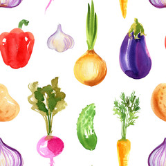 Pattern vegetables. Eggplant, tomatoes, peppers, onions, sweet peas watercolor drawing on a white background. Drawing of the paints of food.