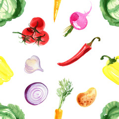 Pattern vegetables. Eggplant, tomatoes, peppers, onions, sweet peas watercolor drawing on a white background. Drawing of the paints of food.