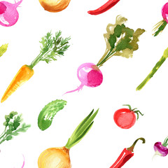 Pattern vegetables. Eggplant, tomatoes, peppers, onions, sweet peas watercolor drawing on a white background. Drawing of the paints of food.