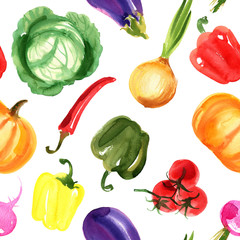 Pattern vegetables. Eggplant, tomatoes, peppers, onions, sweet peas watercolor drawing on a white background. Drawing of the paints of food.