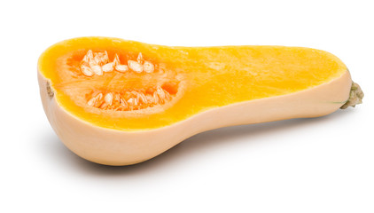 Butternut squash (Pumpkin) cut in half isolated on white with clipping path.