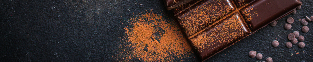 chocolate (delicious cocoa dessert, pieces of sweets) menu concept. food background. top view. copy space