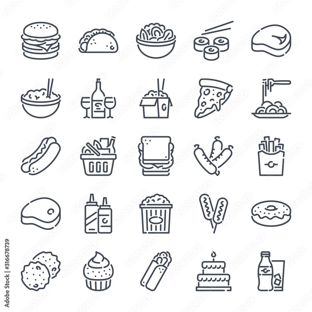 Wall mural food and drink bold line icon set. fast food linear icons. meal and beverage outline vector sign col