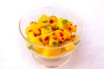 mango chunks with red chiilli and mint