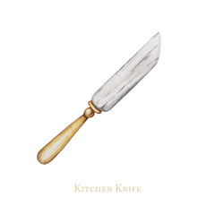 Hand drawn Kitchen knife isolated on white background. Watercolor illustration Tool for kitchen in home or restaurant.