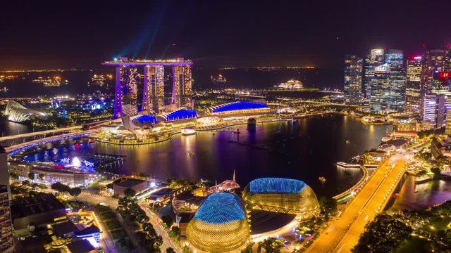 aerial view hyper lapse 4k video of Singapore City Skyline. Flying Towards Skyline Singapore. Hyperlapse Marina Bay In Singapore.