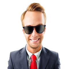 Portrait of funny young businessman in sunglasses, confident black suit and red tie, isolated over white background. Business concept. Square composition picture.