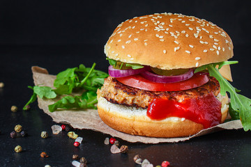 burger meat cutlet beef steak, tomato, sauce and lettuce (tasty meat snack sandwich) menu concept. food background. top view. copy space