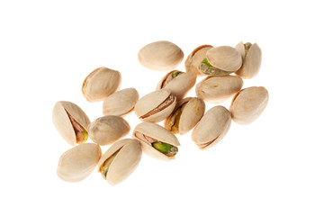 Salted pistachios nuts isolated on white background. Healthy snack.