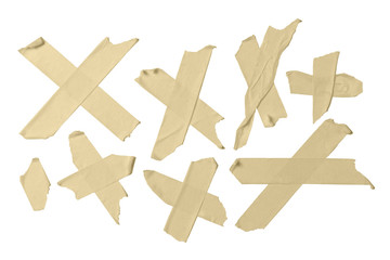 Sticky cross tape collection, duct strips isolated on white background.