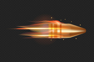 Realistic flying bullet with fire trace. 3D vector isolated on transparent background illustration.